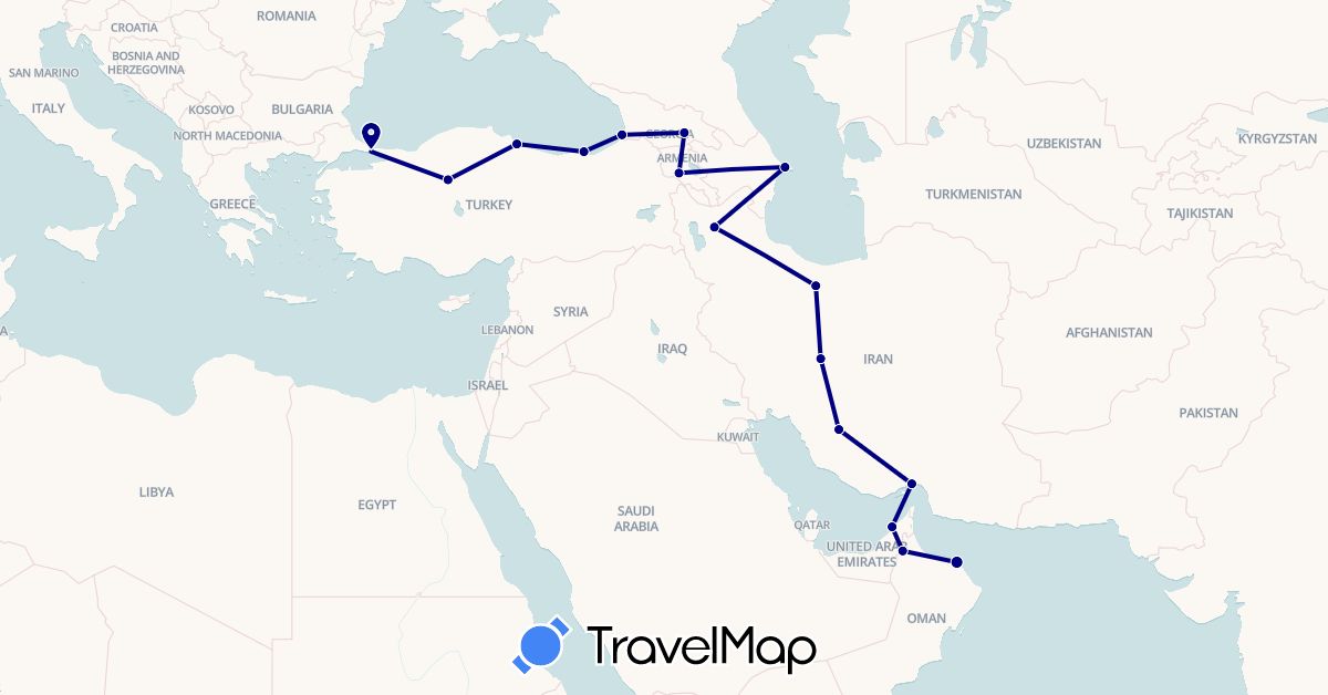 TravelMap itinerary: driving in United Arab Emirates, Armenia, Azerbaijan, Georgia, Iran, Oman, Turkey (Asia)